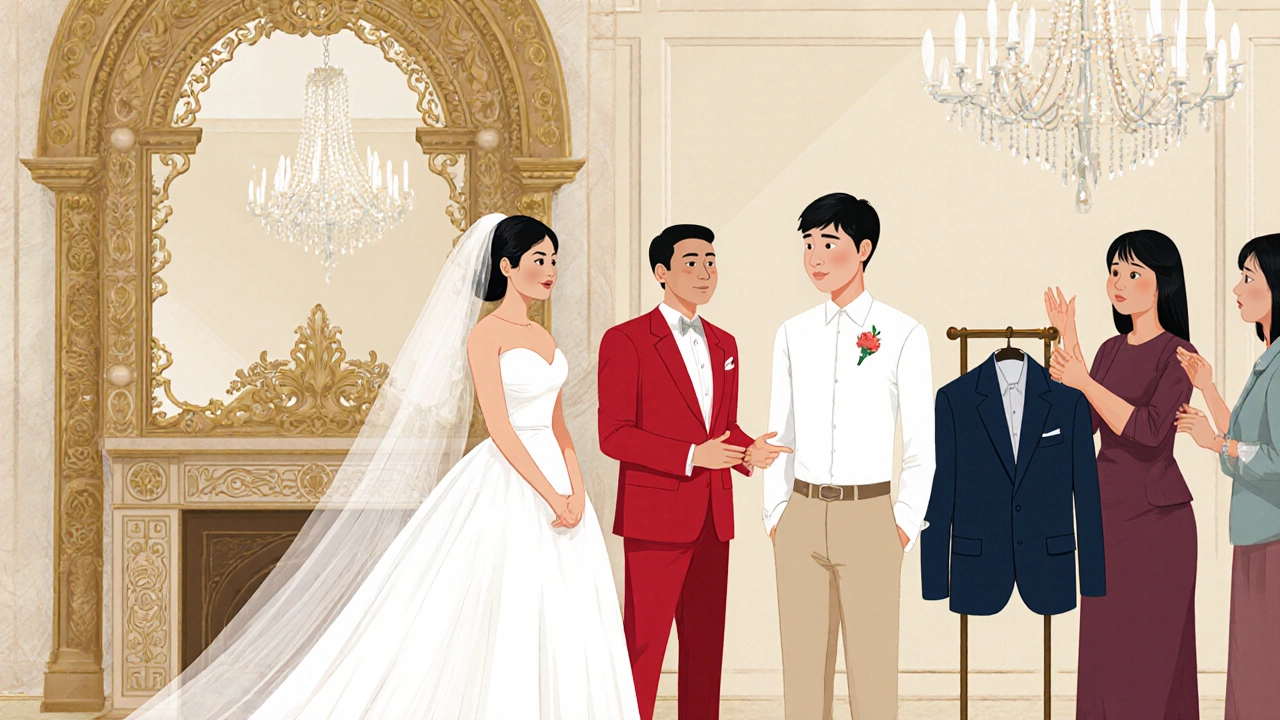 Bride in white beside a guest in white shirt and another guest in bright red suit at a ceremony.
