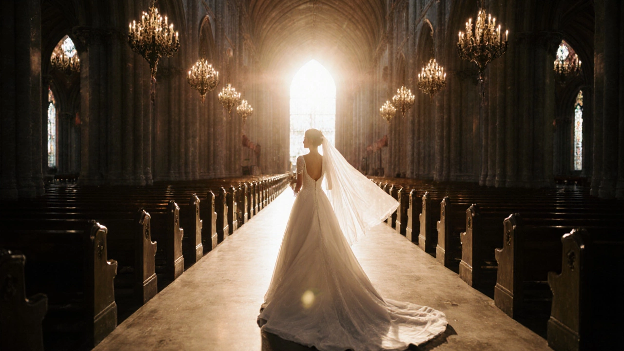 Bride walking down a candlelit aisle, flawless skin glowing in sunset light.