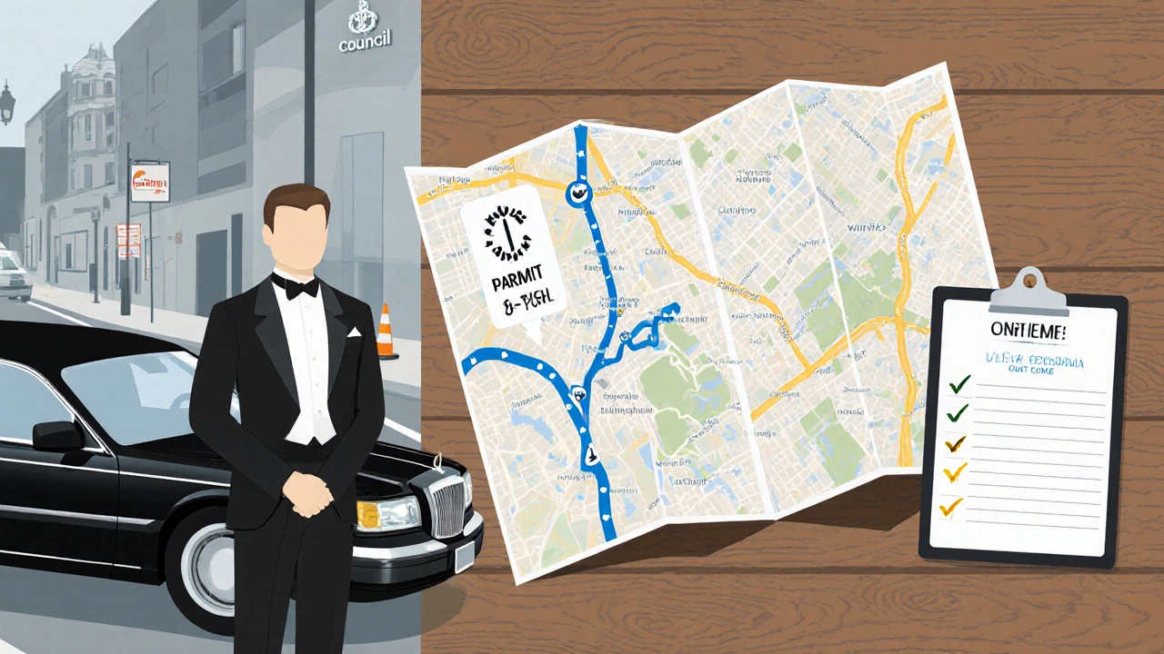 Chauffeur reviewing a timeline and route map beside a limousine and permit papers.