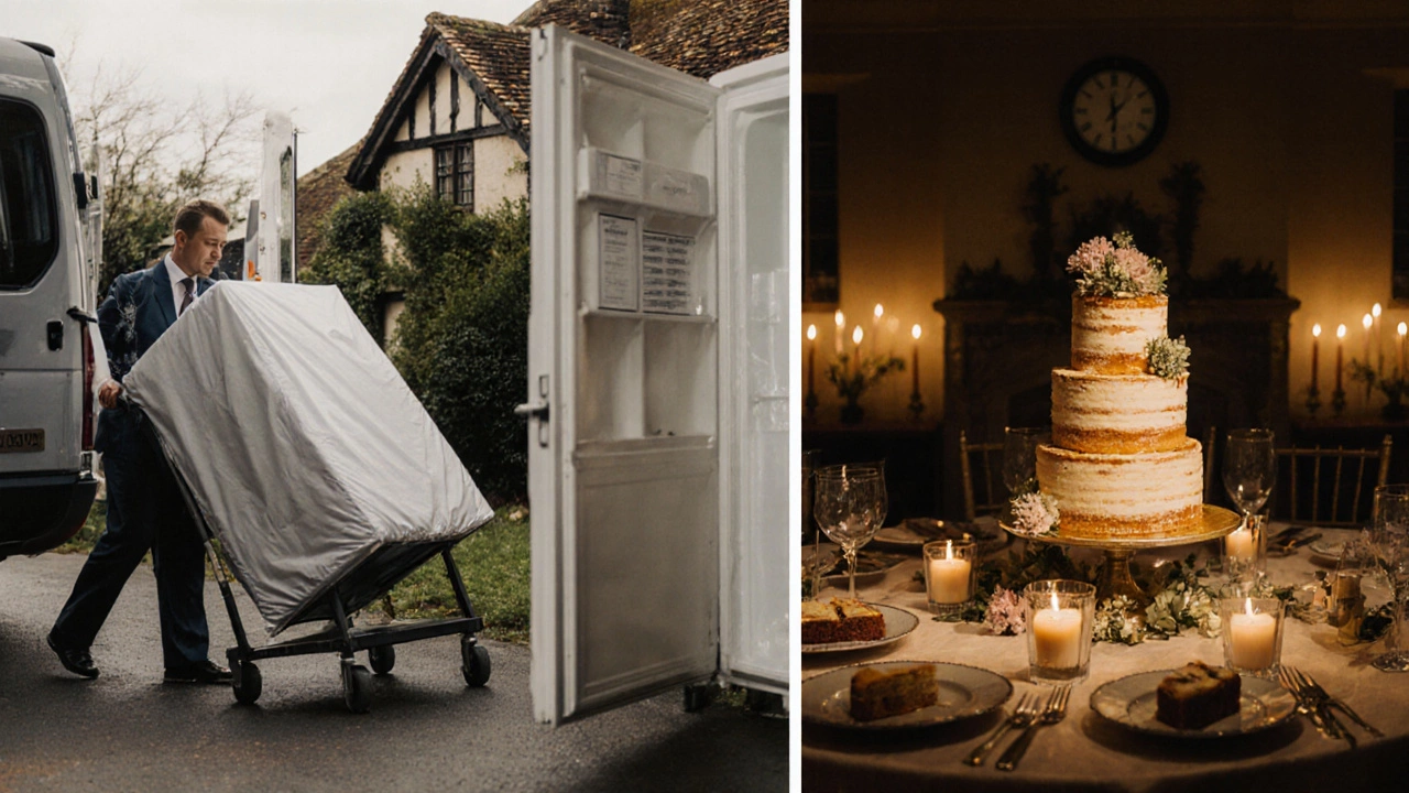 Cinematic timeline of cake delivery, refrigeration, and reception with candles.