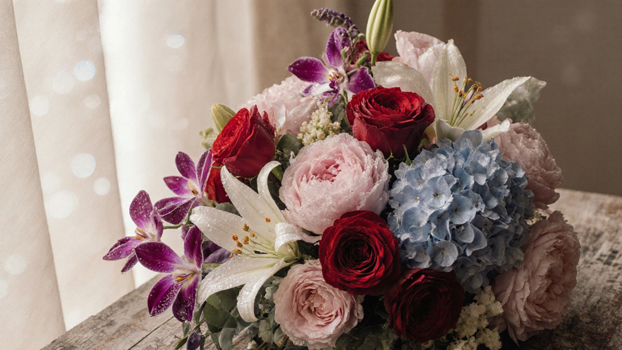Close-up of a bridal bouquet with roses, peonies, lilies, orchids, and hydrangeas on a wooden table.