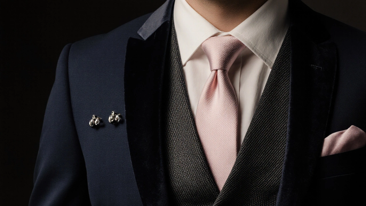 Close‑up of suit fabric, lapel, tie, and cufflinks on a groom.