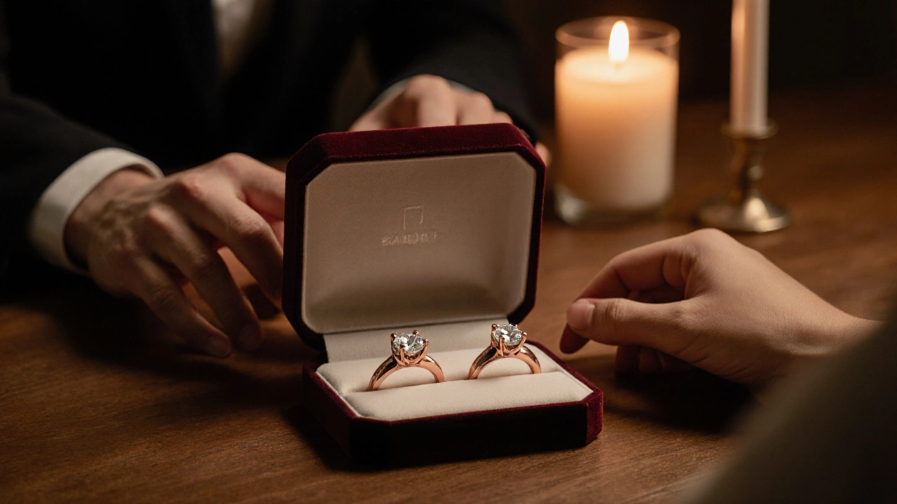 Couple's hands above an open velvet box displaying 14K and 18K rose gold wedding bands in candlelight.