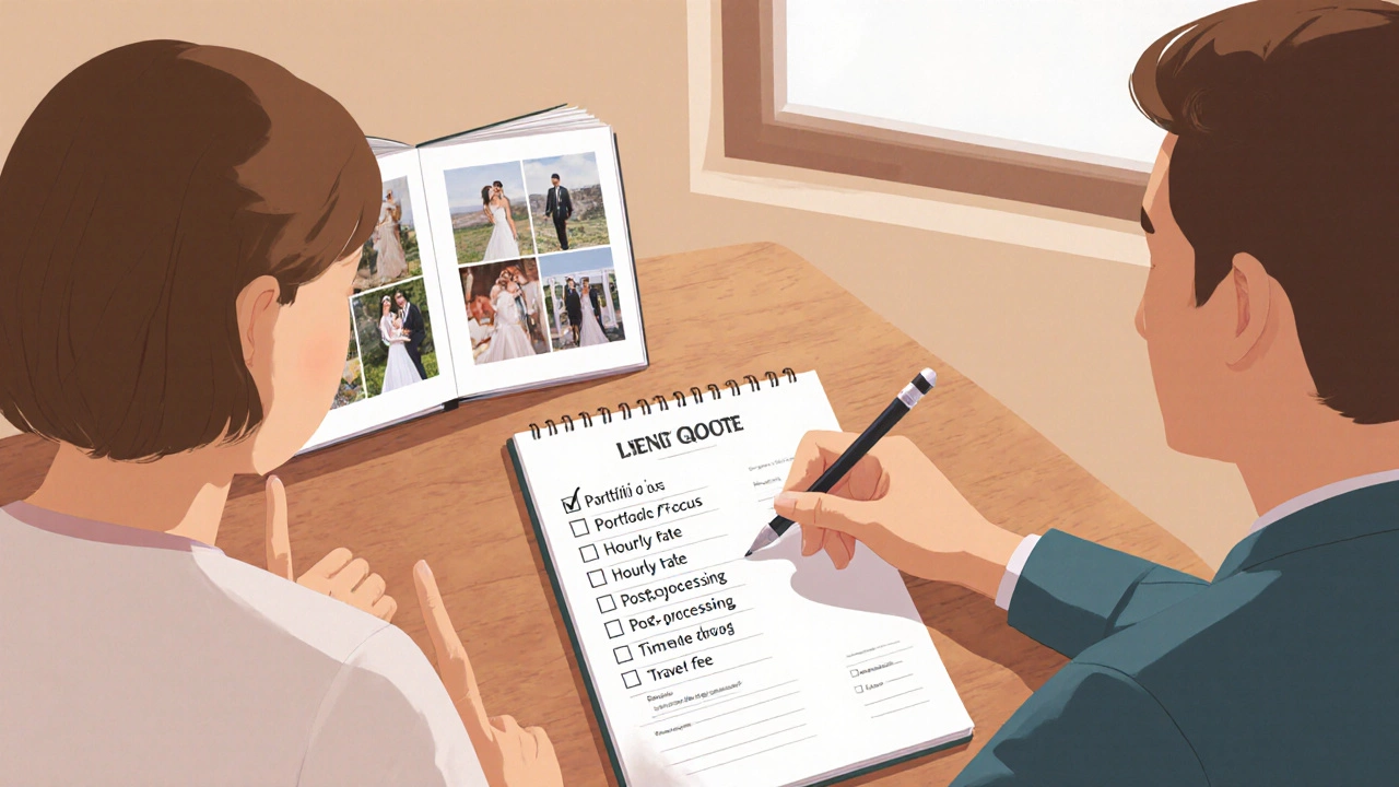 Couple and photographer discuss an itemised quote and checklist at a table, with wedding album glimpsed behind.