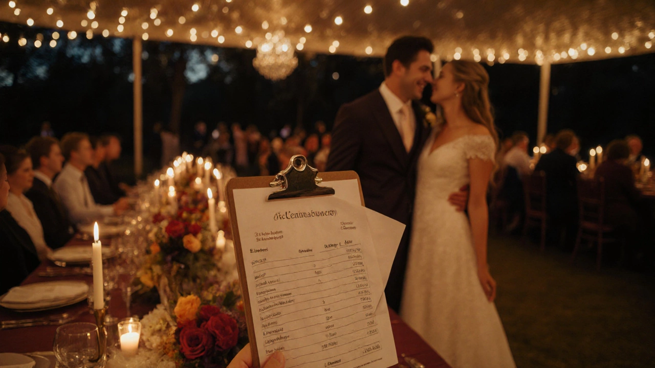 Couple celebrating beside a banquet table with a reduced budget clipboard in golden light.