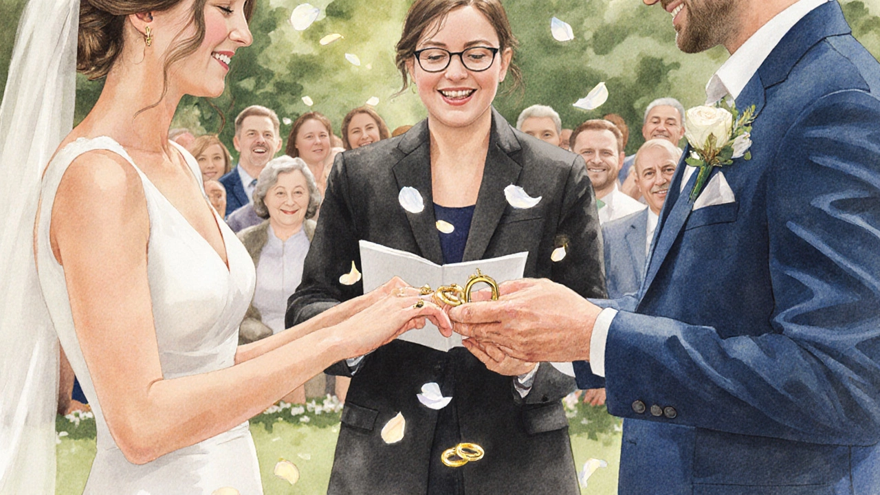 Couple exchanging rings while speaking personalized vows in a garden, petals floating around them as they connect with each other.