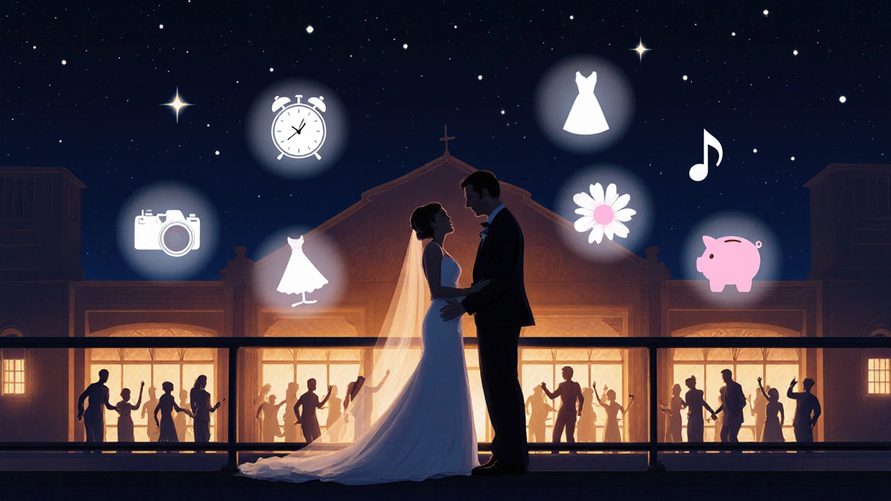 Couple on balcony with floating icons for venue, photography, attire, flowers, entertainment, and budget.