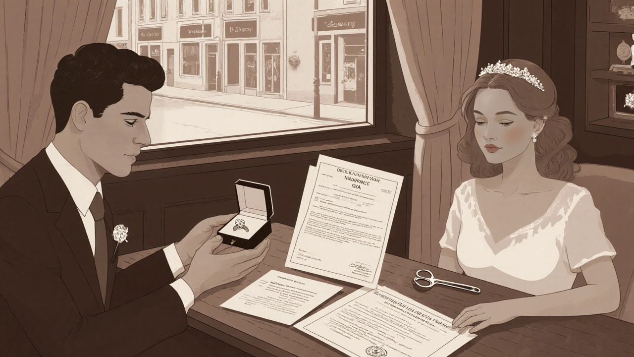 Couple receiving a ring from a jeweler with certification, insurance, and resizing tools displayed.