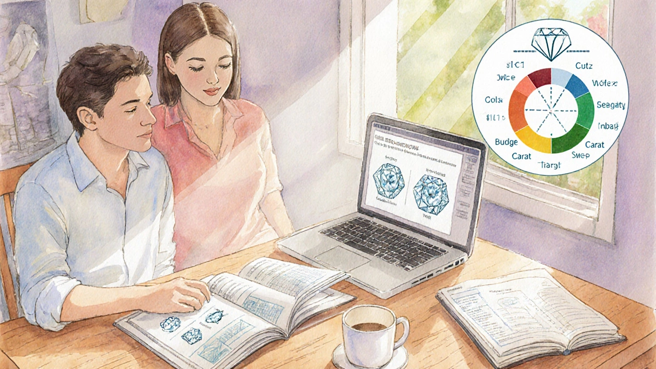 Couple researching rings at a table with catalogs, laptop, and budget notes under soft sunlight.