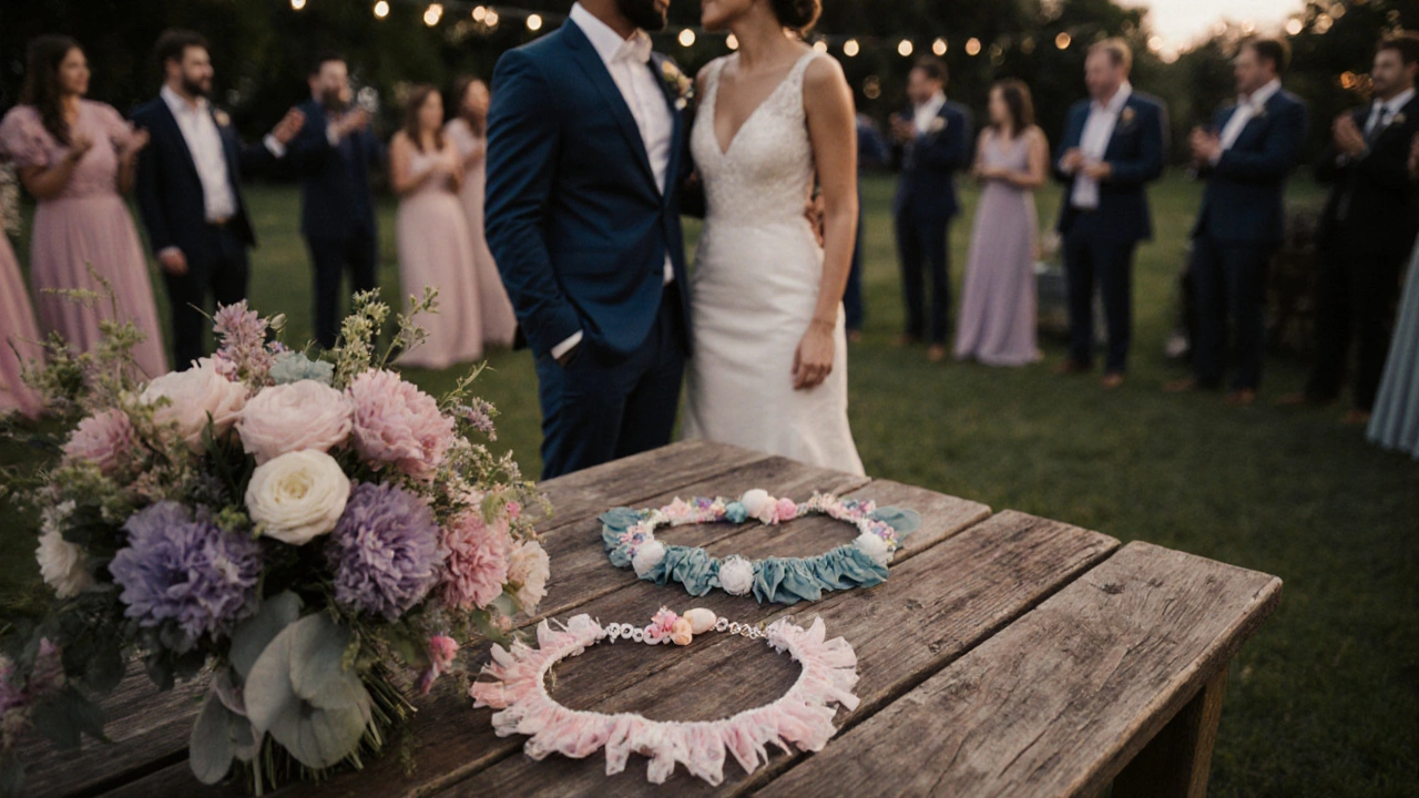 Couple selects a garter‑toss necklace and bouquet in a garden wedding.