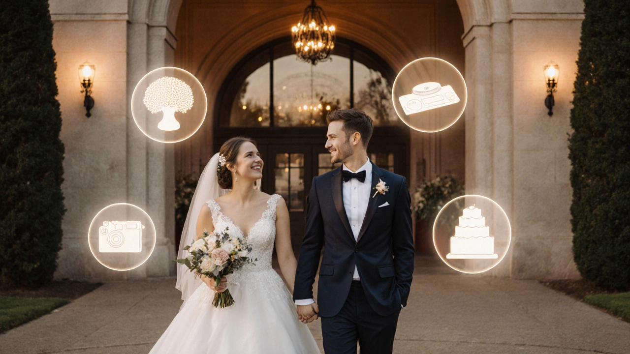 Couple walking through venue with floating icons of wedding expenses.