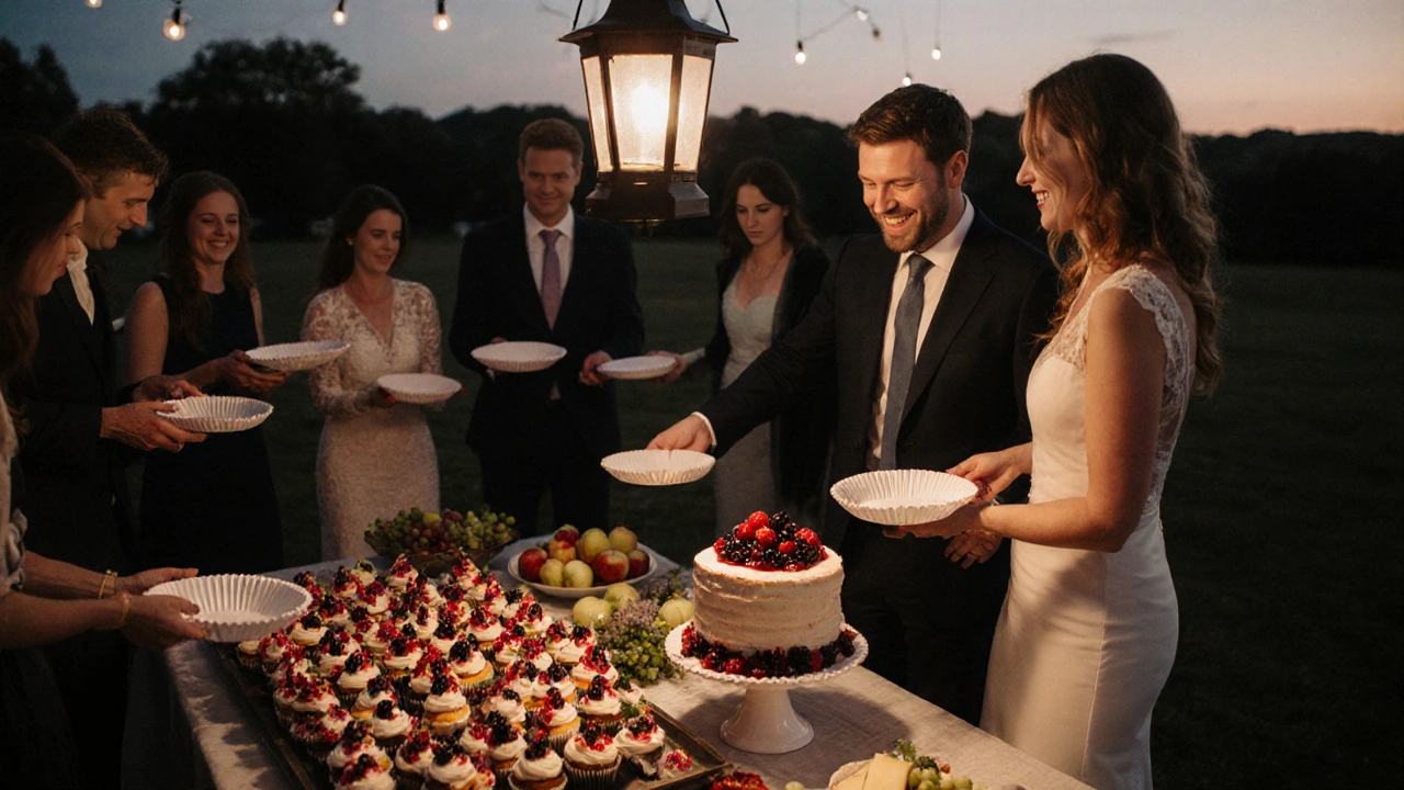Dessert table with cupcakes and cheese platter as guests take home leftovers
