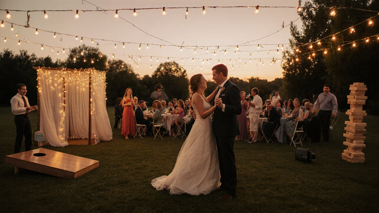Evening reception with couple dancing, guests playing lawn games, and DIY photo booth.