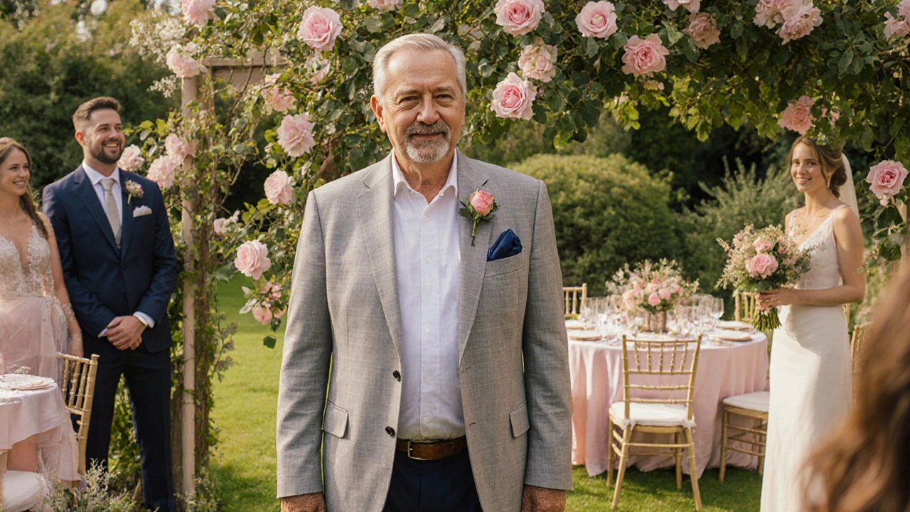 Father of the groom in a light‑gray suit with navy pocket square at a Dublin garden wedding.