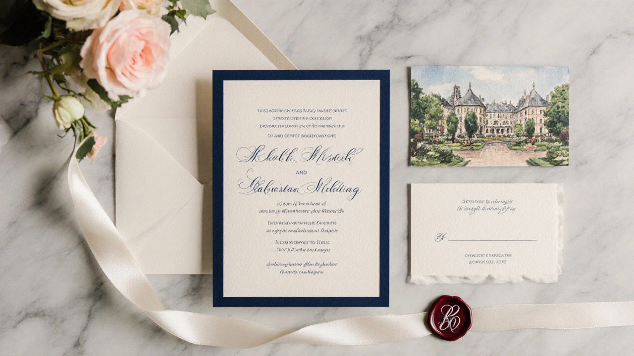 Flat‑lay of a finished invitation set with envelope, wax seal, ribbon, and garden illustration.