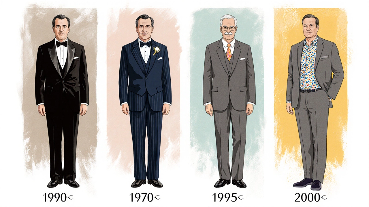 Four‑panel illustration showing tuxedo, dark suit, grey suit, and modern blazer across eras.