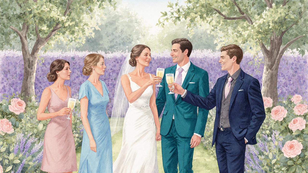 Garden wedding with guests in pastel blues, mauve, teal, navy, and charcoal blending with floral scenery.