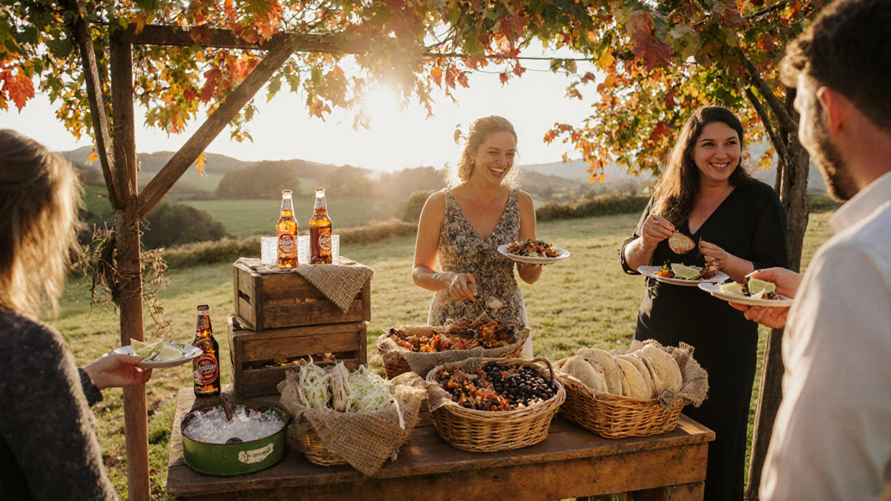 Guests building tacos at a food station with local cider and beer on ice