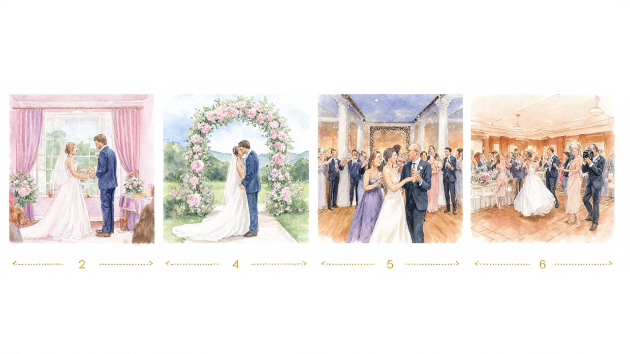 Illustrated timeline of wedding events showing preparation, ceremony, cocktail hour, reception with two photographers.