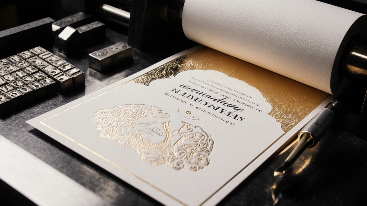 Letterpress machine printing an invitation with deep ink imprint, gold foil monogram, and embossing.