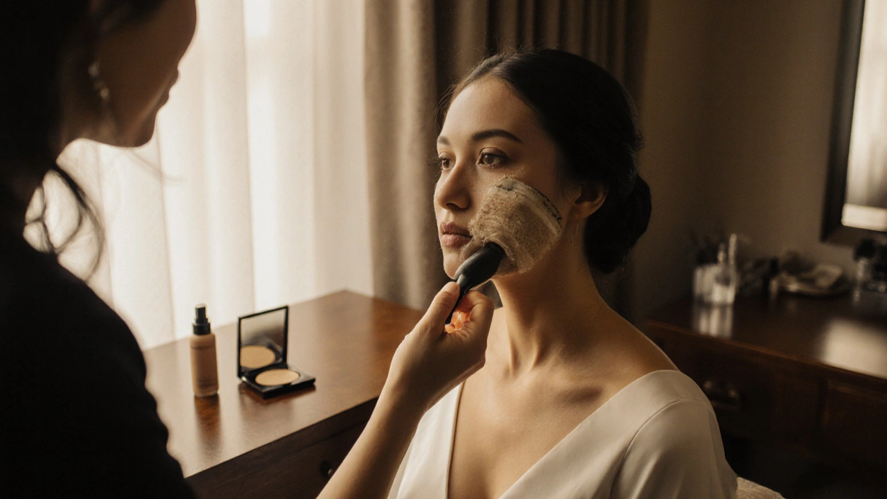 Makeup artist applying foundation to a bride with a damp sponge in a warm, glowing room.