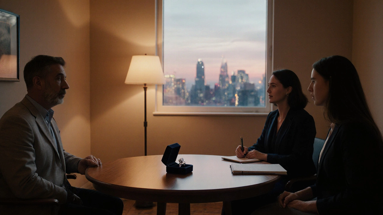 Mediation room with a ring box on a table, two ex‑partners and a mediator discussing.