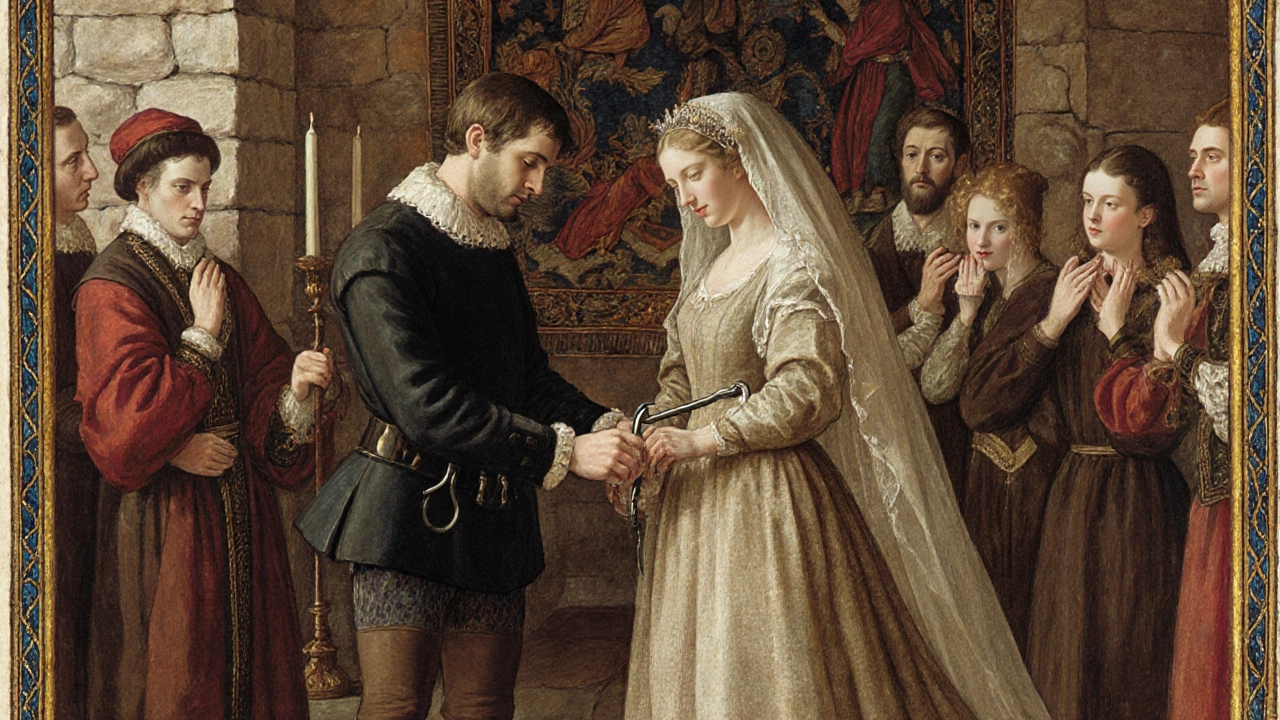 Medieval wedding with groom pulling garter using a metal hook.