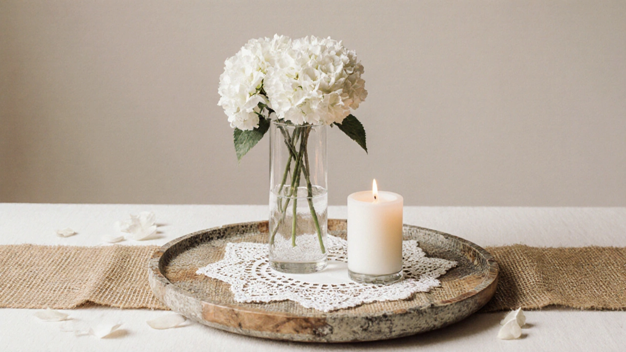Minimal centerpiece with white hydrangeas, candle, and textured layers on a wooden table.