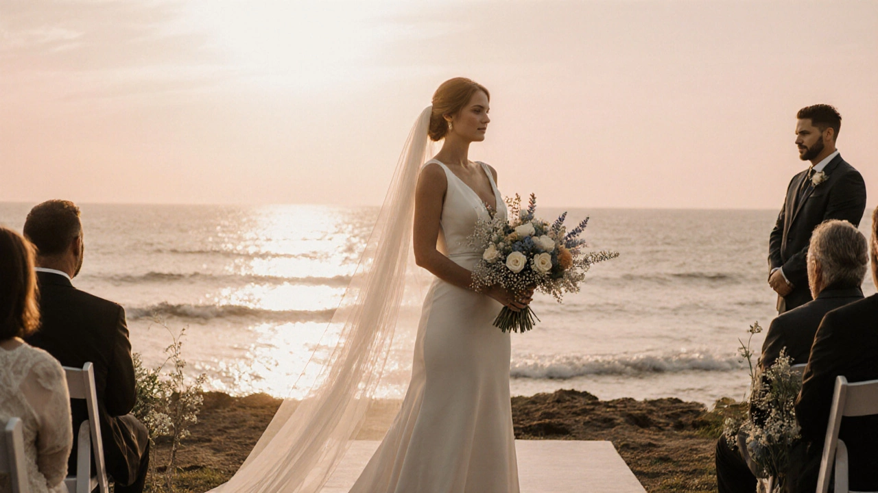 Modern bride at a beach ceremony at sunset, holding a light hand‑tied bouquet beside her train.