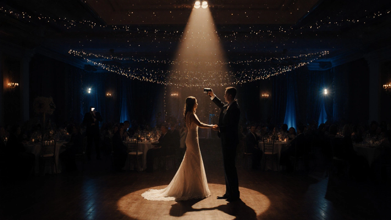 Nighttime reception with couple dancing while photographer captures the moment.