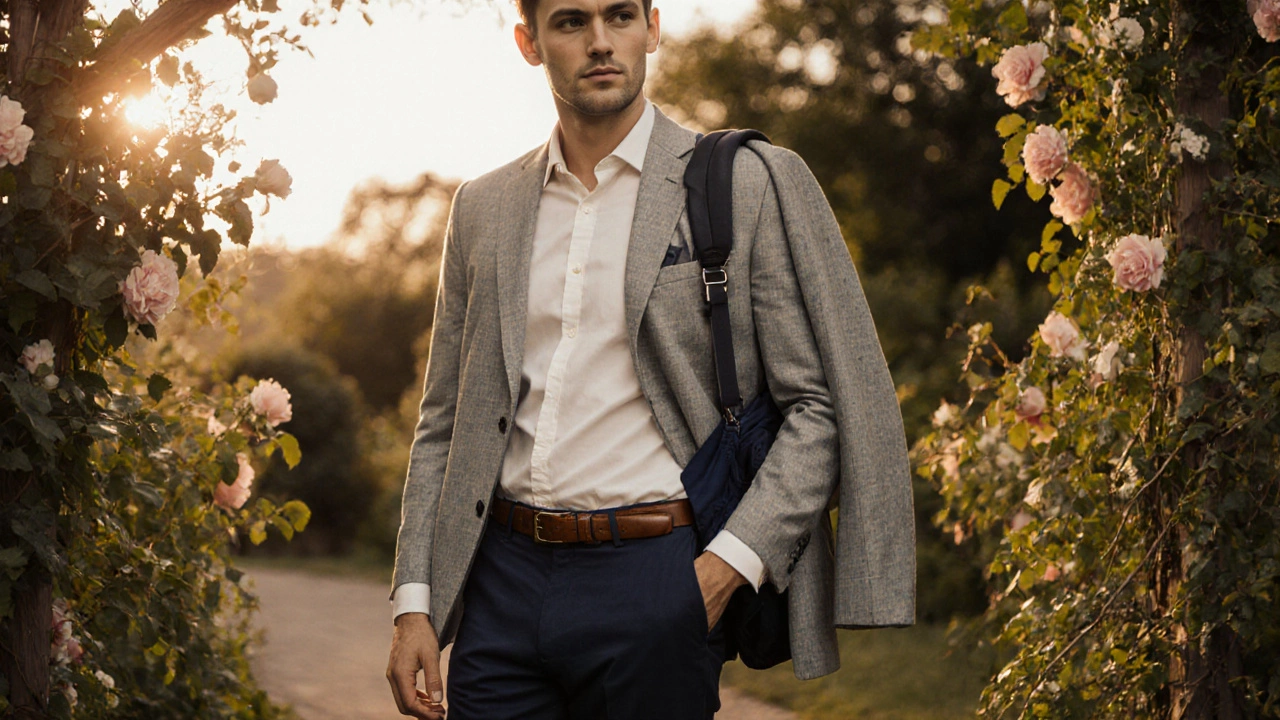Photographer in blazer and chinos with backpack in a garden.