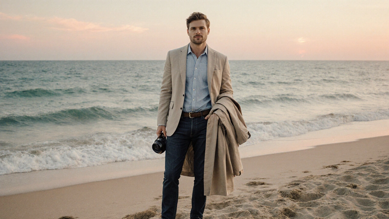 Photographer in linen shirt, blazer, and sneakers on a beach at sunset.