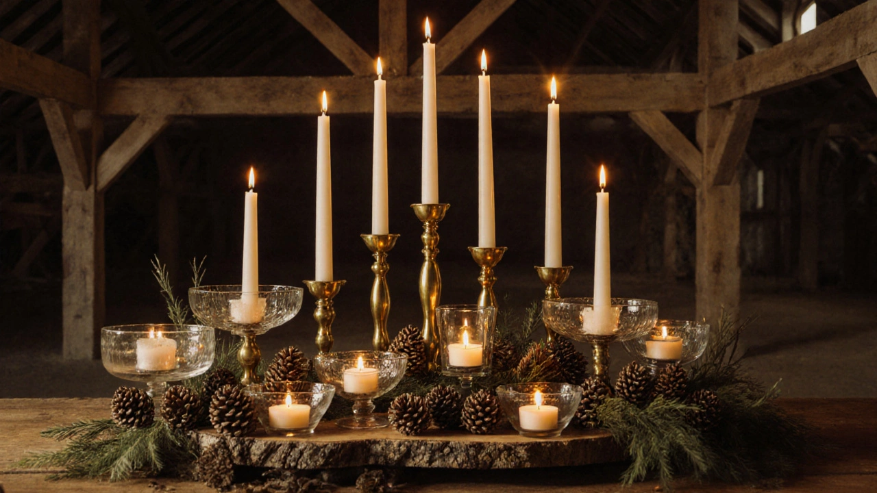 Rustic barn reception table featuring tall brass candles, tealight bowls and pinecones.