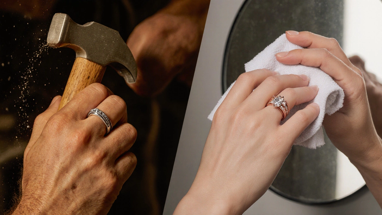 Split scene showing a hand with a 14K white gold ring using a hammer and another hand polishing an 18K rose gold ring.