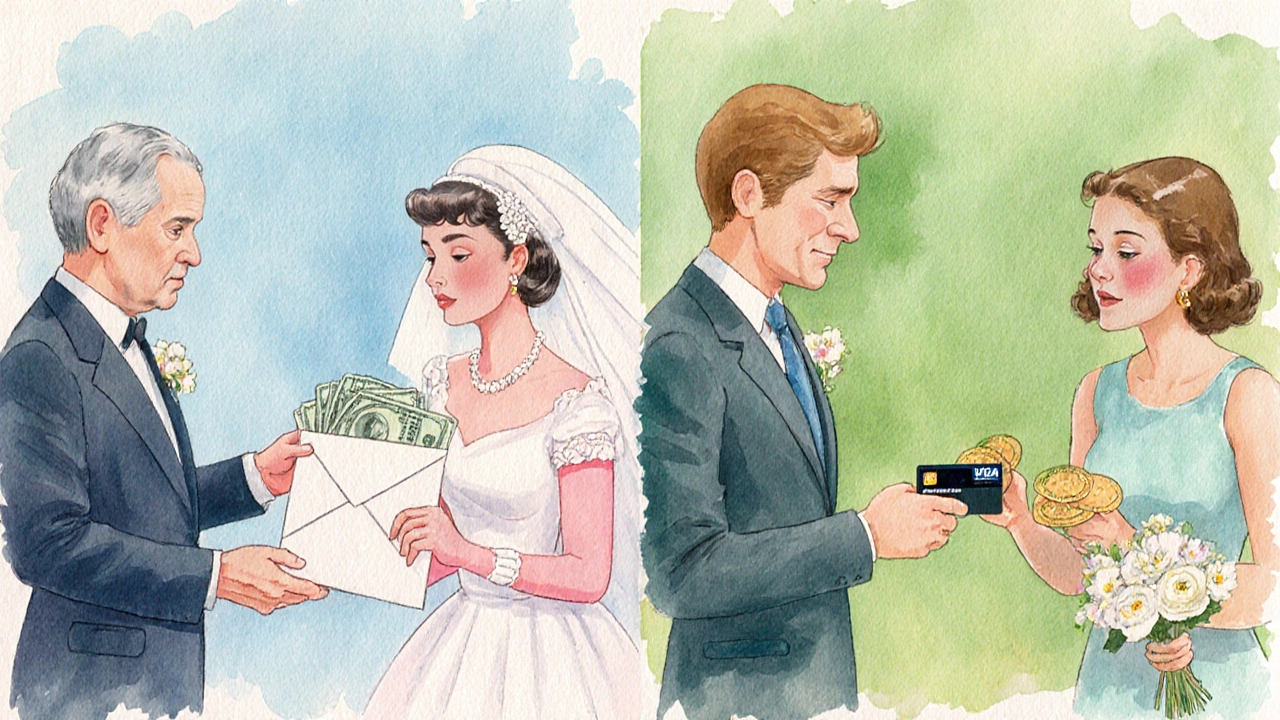 Split watercolor showing traditional vs modern wedding cost sharing.