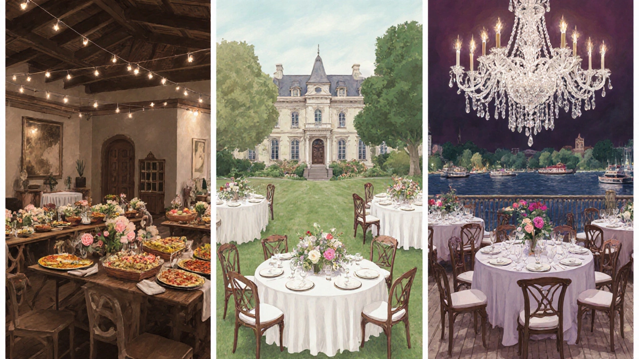 Three panels showing low, mid, and high‑end 100‑guest weddings with venue and décor details.