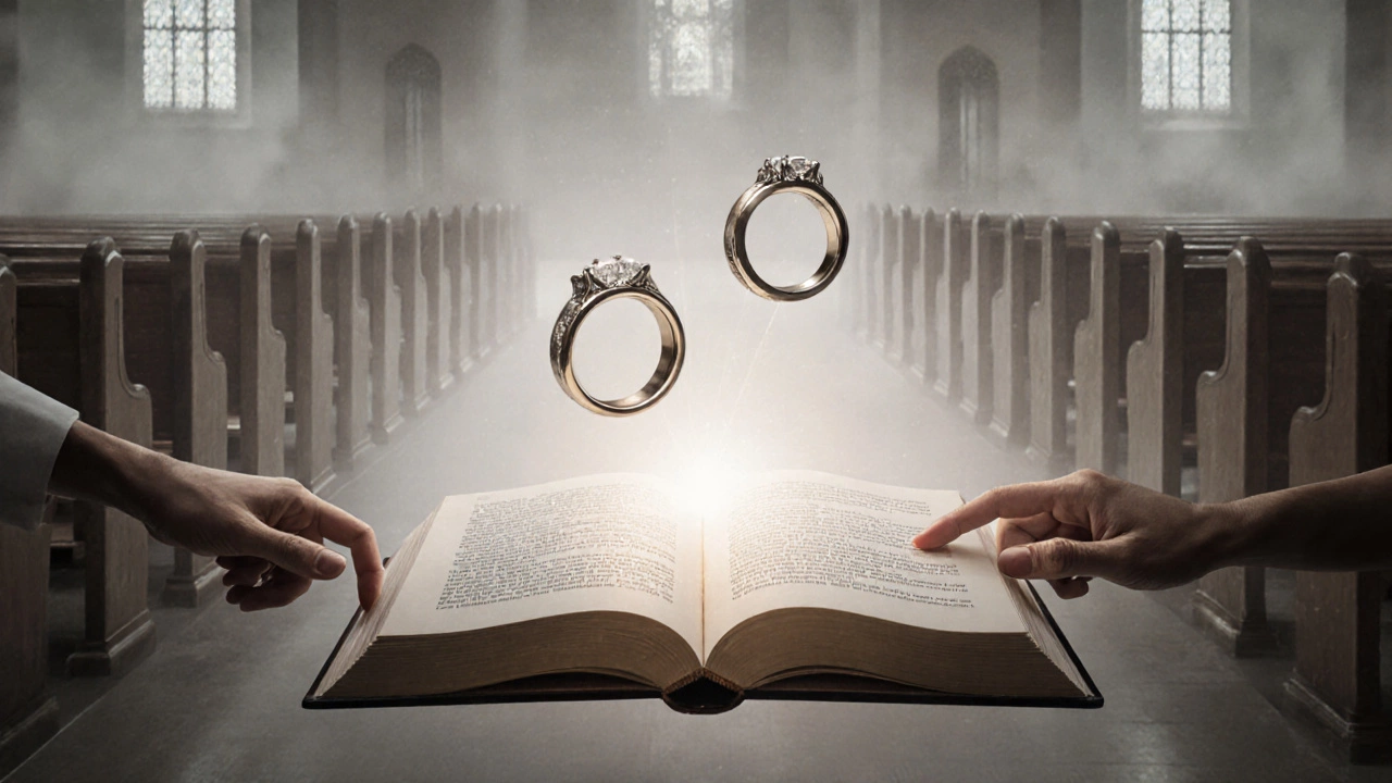 Two floating wedding rings above an open book, symbolizing the timing of vows and rings in wedding traditions.