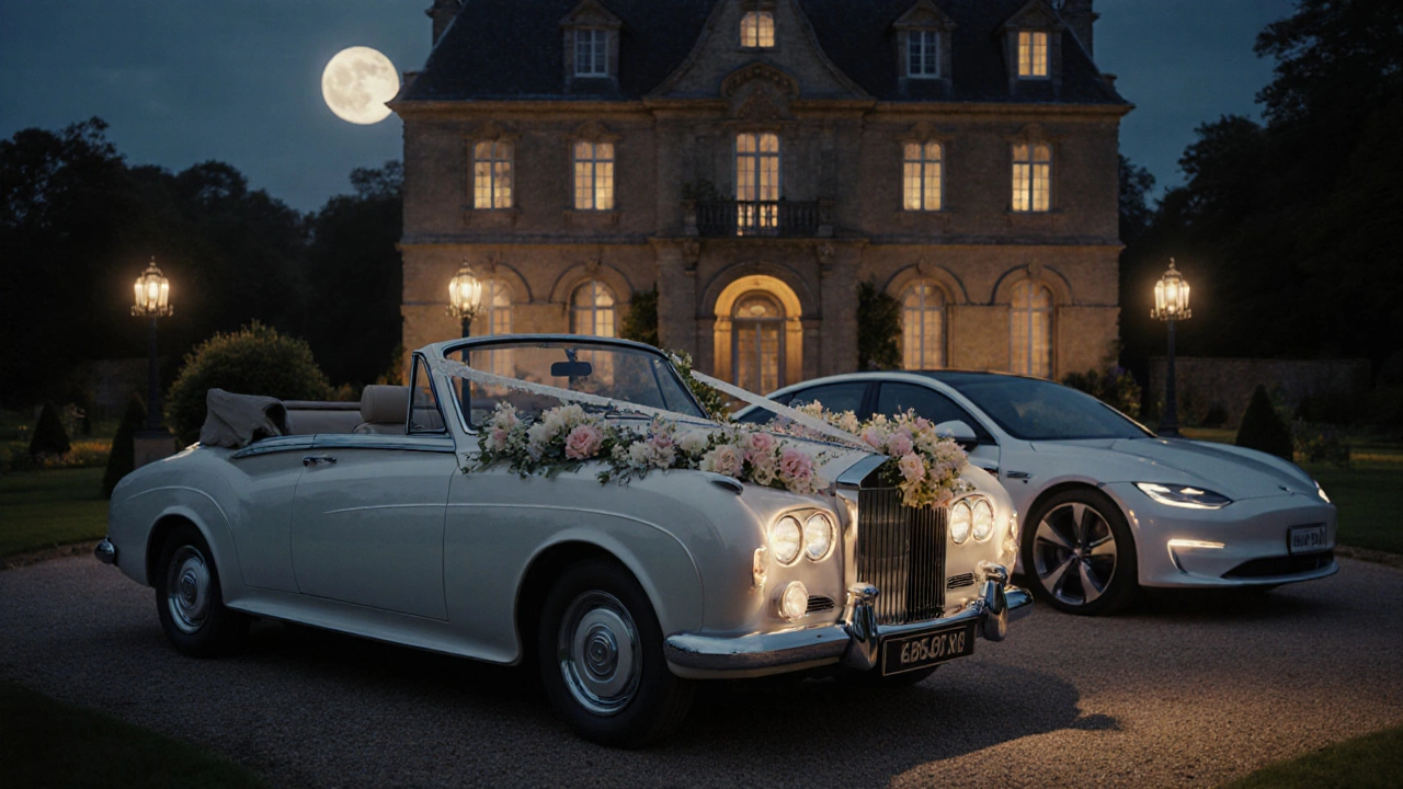 Vintage wedding car with floral garlands parked at night in front of a historic manor.
