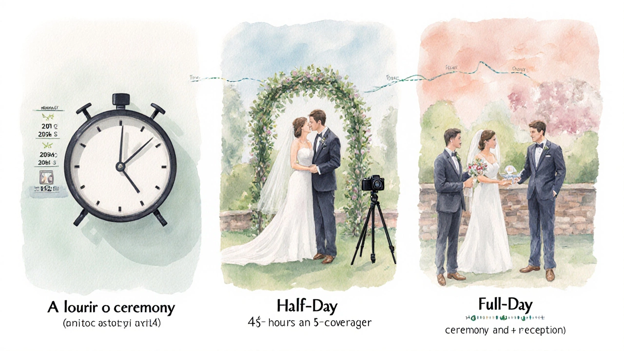 Watercolor collage of hourly, half‑day, and full‑day wedding photography scenes with clocks and timelines.