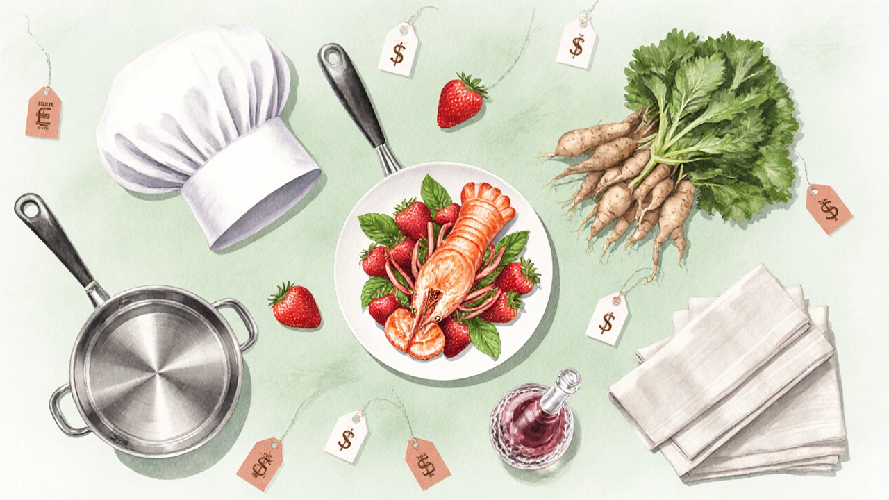 Watercolor flat‑lay of seasonal foods, chef tools, equipment, and drinks representing costs.