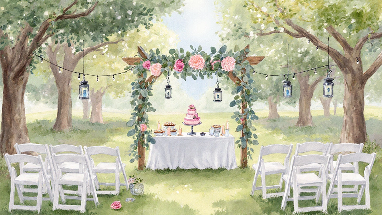 Watercolor garden wedding with simple arbor, garlands, lanterns, and buffet table.
