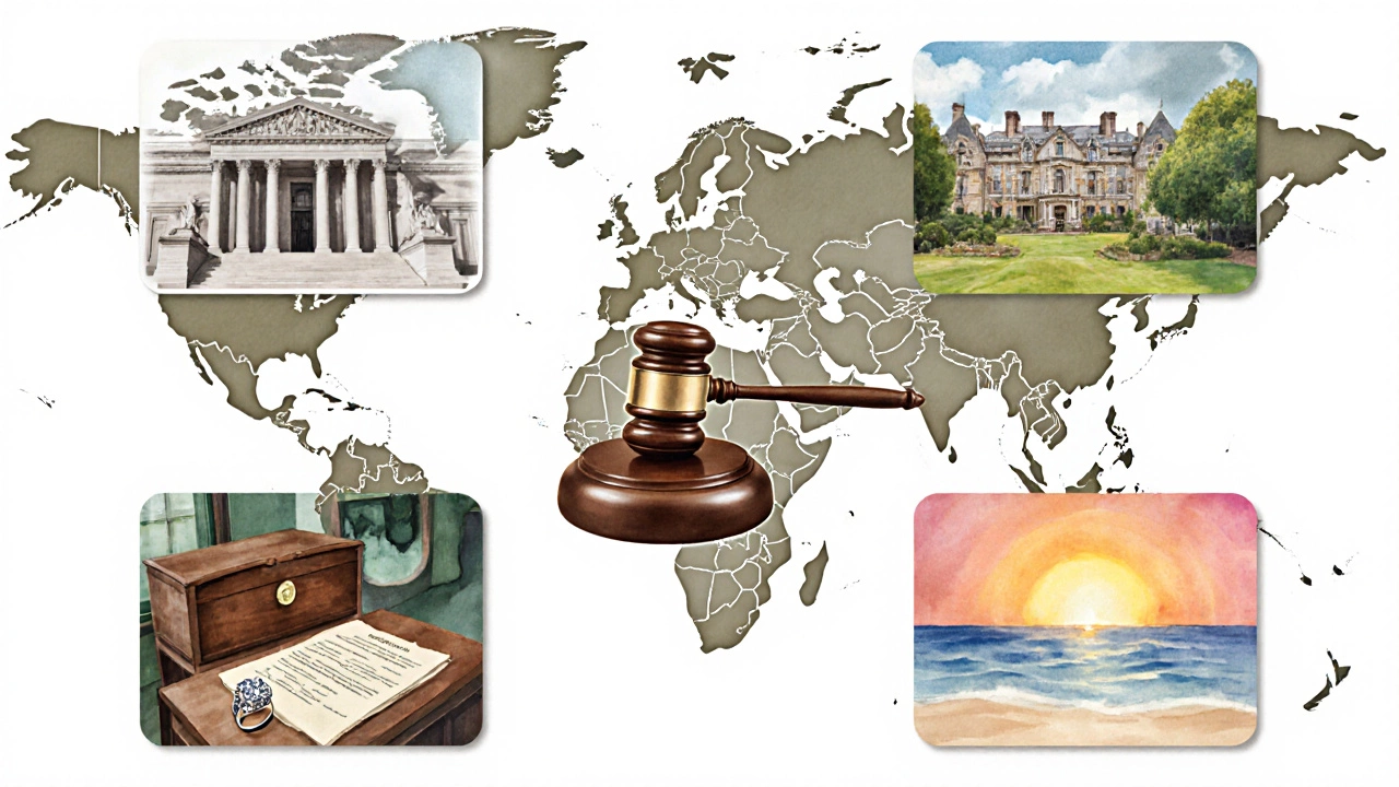 Watercolor map showing US, UK, Ireland, and Australia scenes with rings and legal symbols.