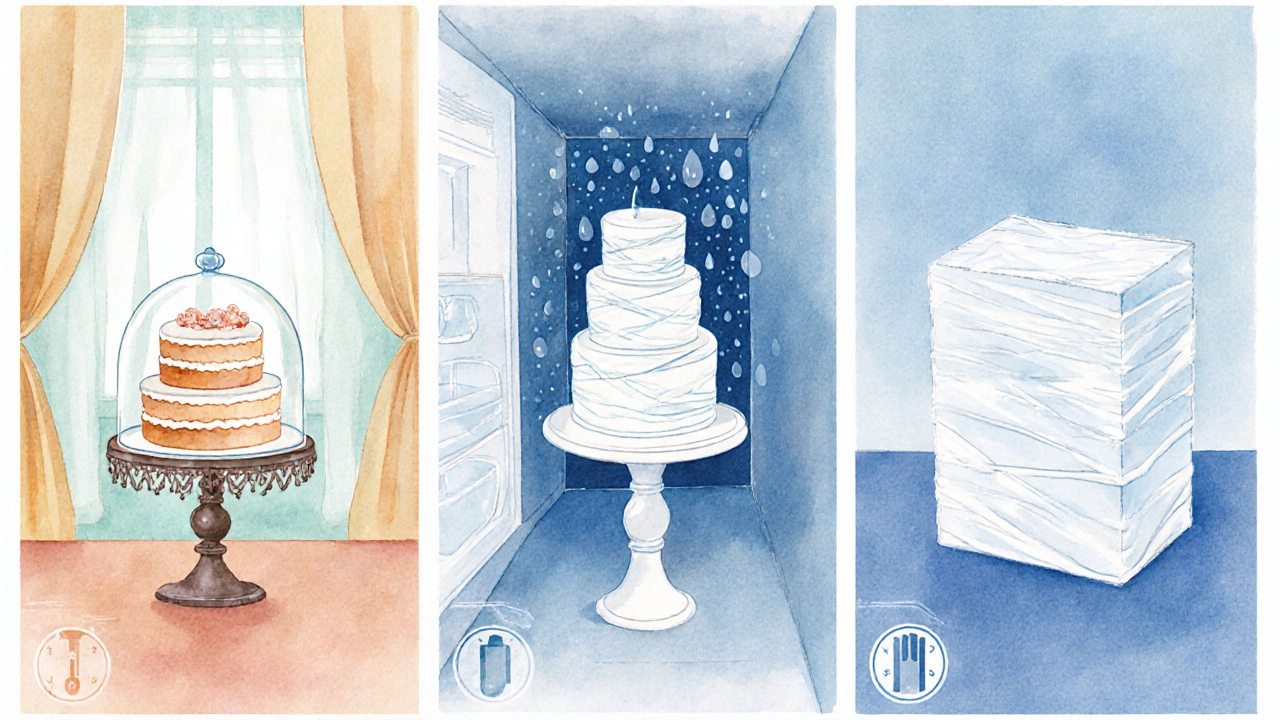 Watercolor panels showing cake storage: room temperature, refrigerator, and freezer.