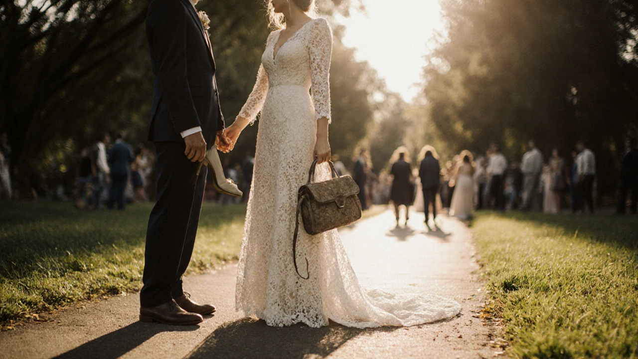 A bride walking down a park path with her partner, holding her shoes and a secondhand bridal bag.