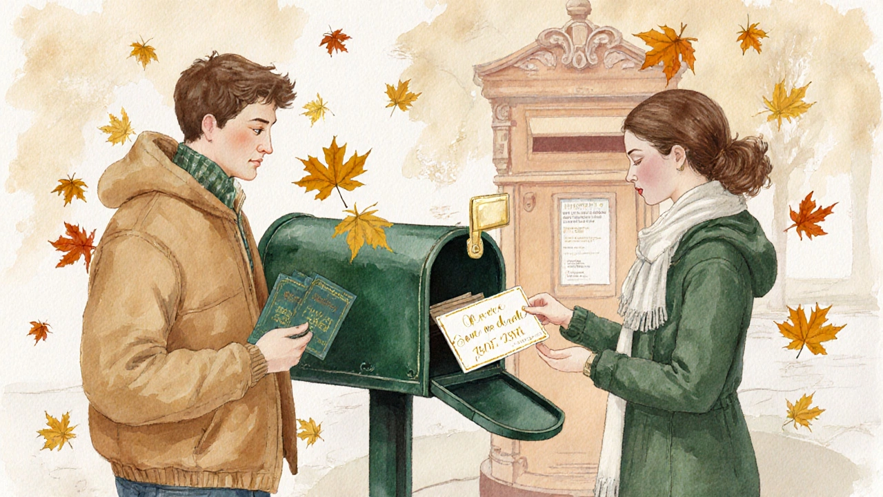 A couple in Dublin handing save-the-date cards to a postal worker, gold foil accents, autumn leaves, vintage postbox in background.