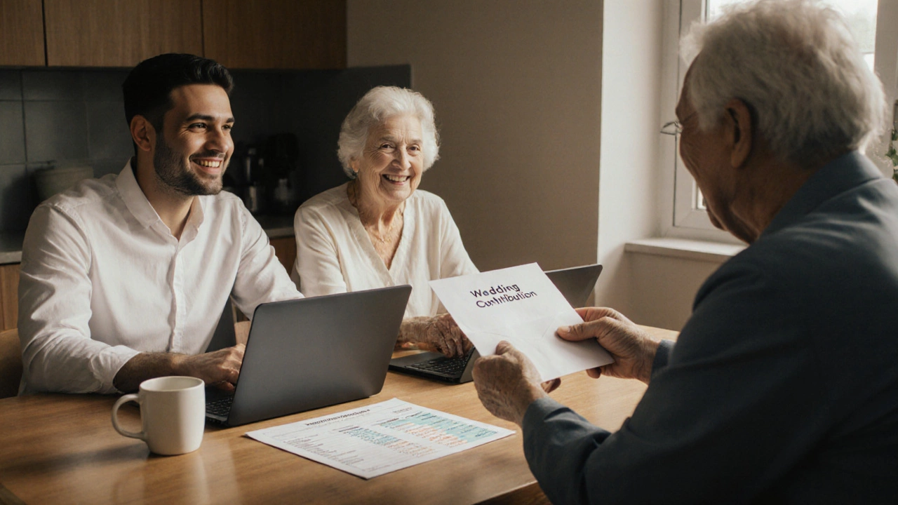A couple reviewing wedding finances at a kitchen table with their parents.