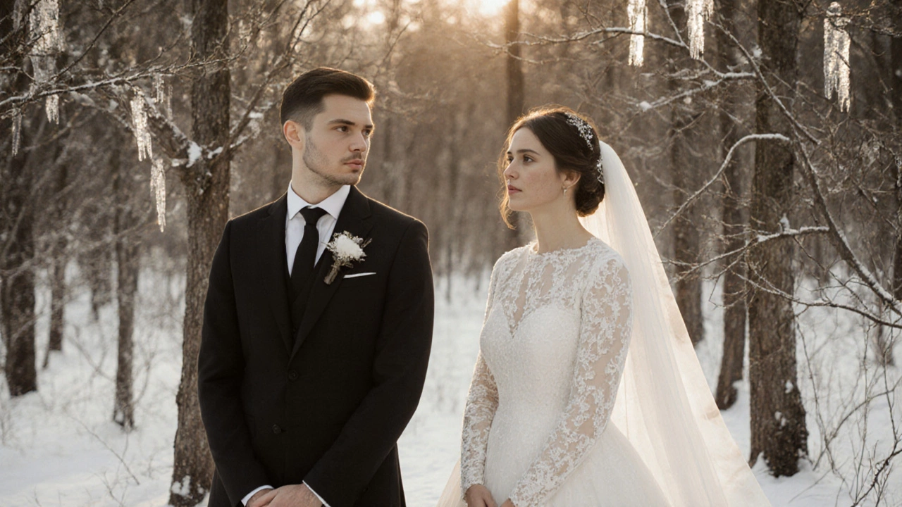 A groom in a black suit stands beside his bride in snow-dusted forest wedding setting.