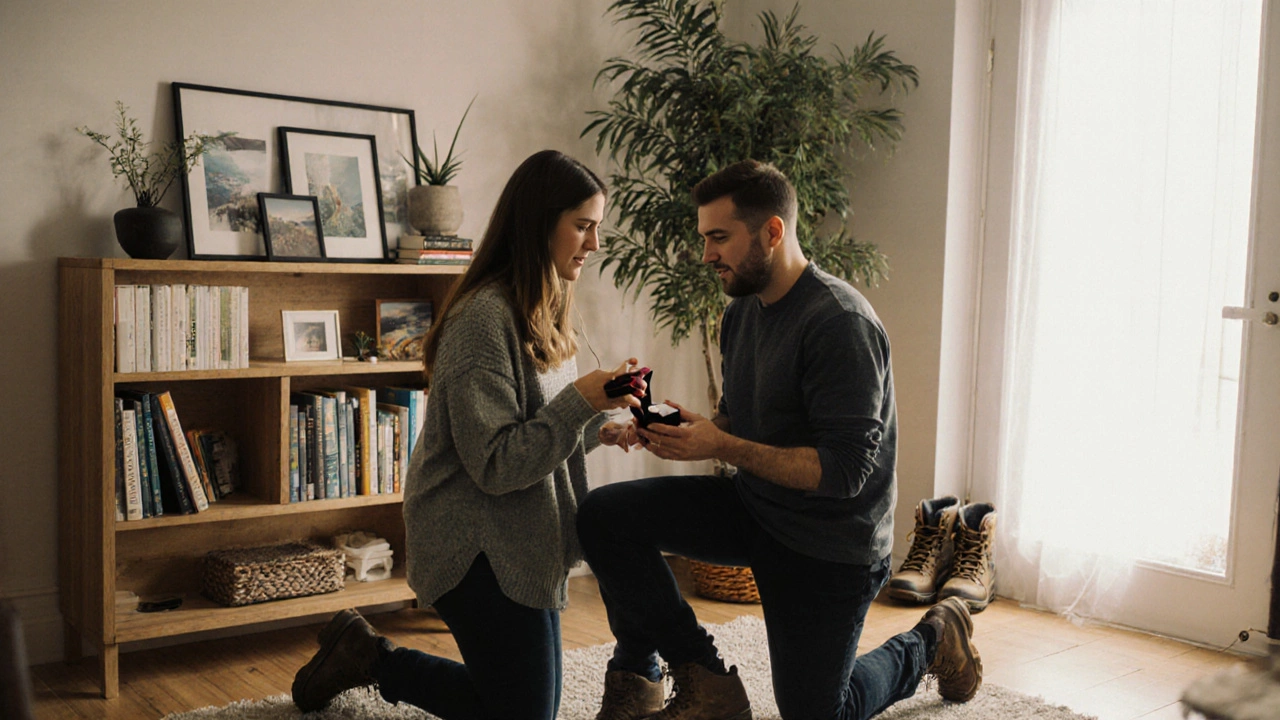 A man proposing with an engagement ring in a cozy living room, his partner smiling tearfully.