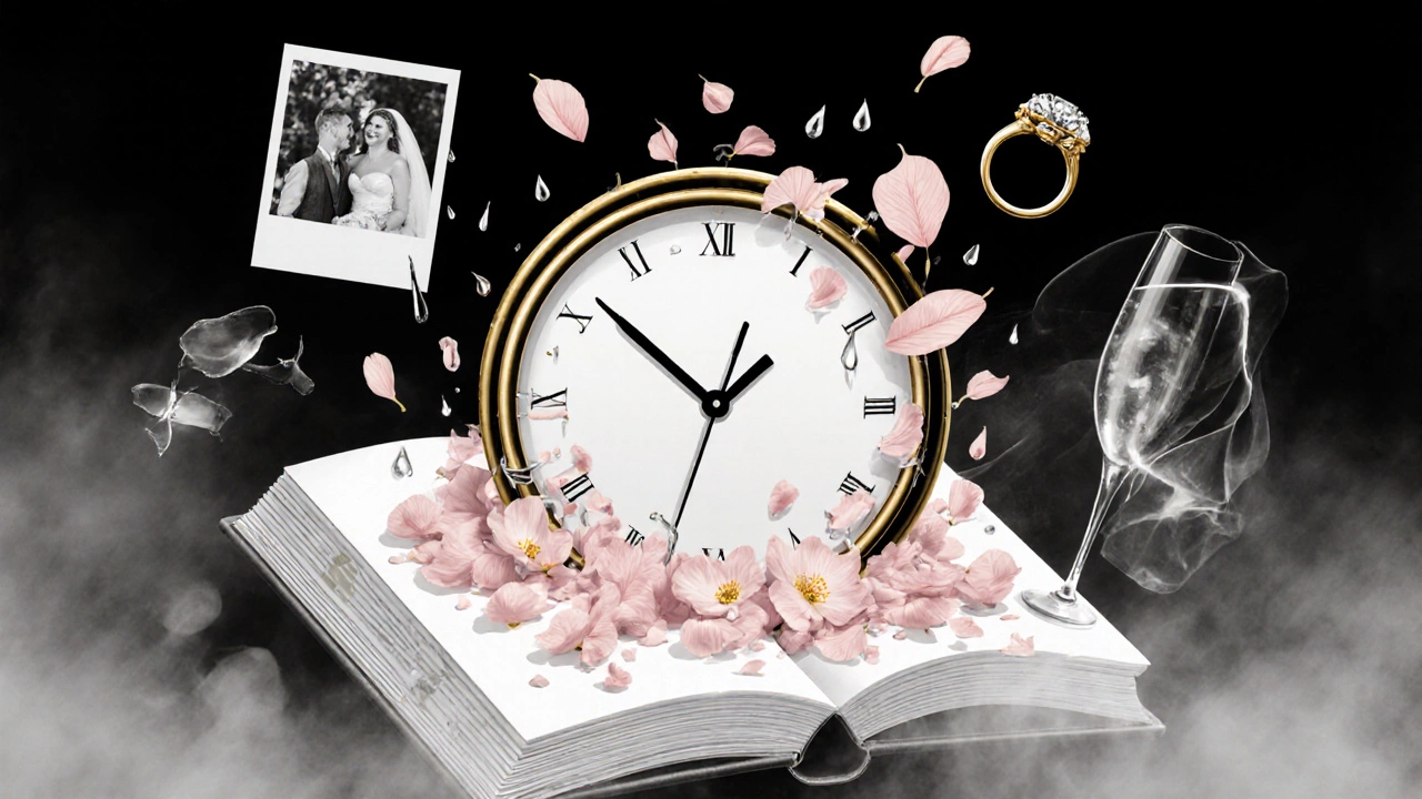 A melting clock over a wedding album, with symbolic fragments of the day floating around it.