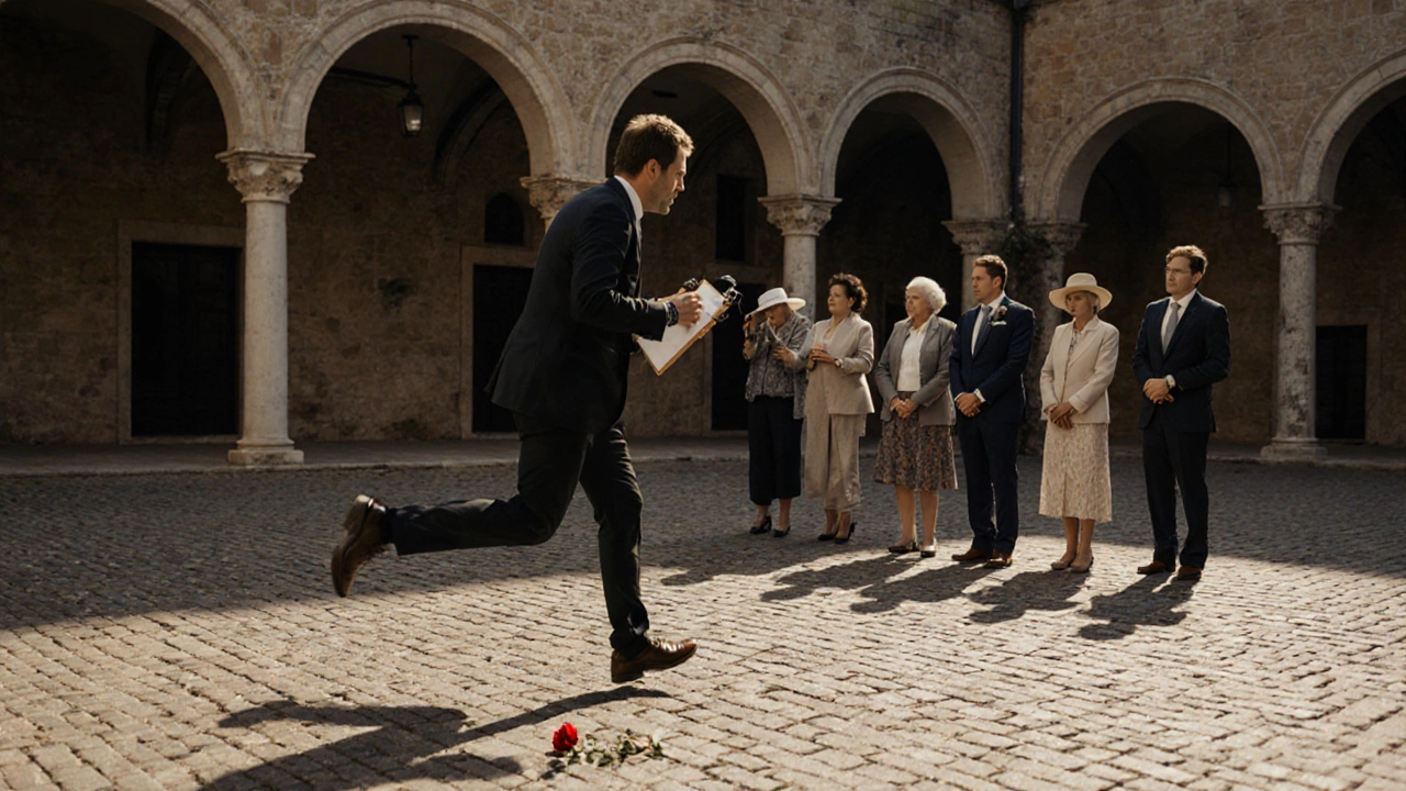 A photographer rushes through a courtyard with family waiting in formation, checking the time.